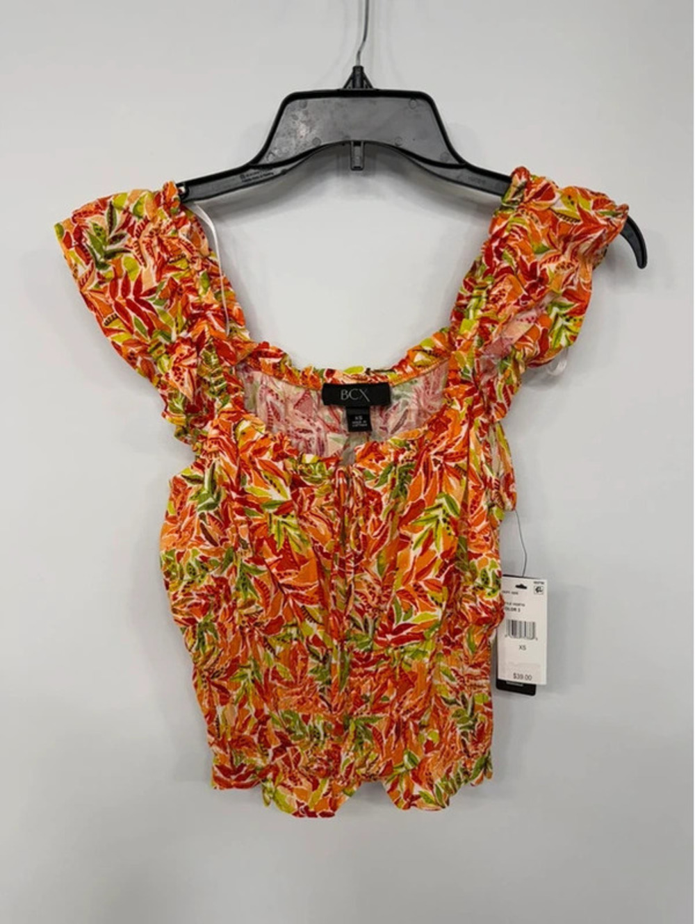 XS BCX Orange Tropical Floral Smocked Ruffle Peplum Blouse